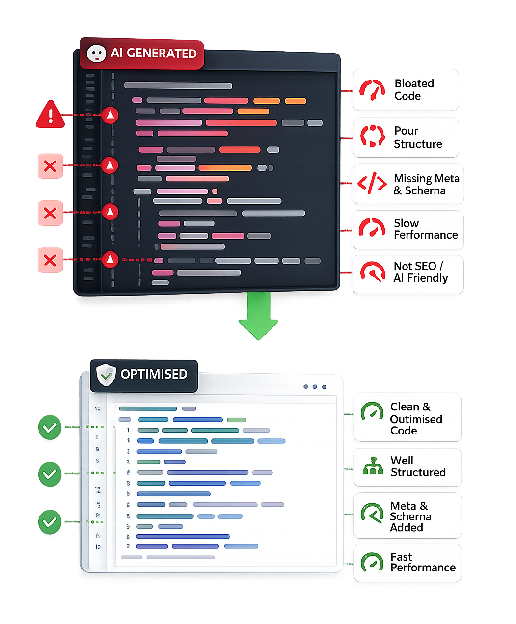 Developer manually optimizing an AI generated website for SEO, AEO, and GEO