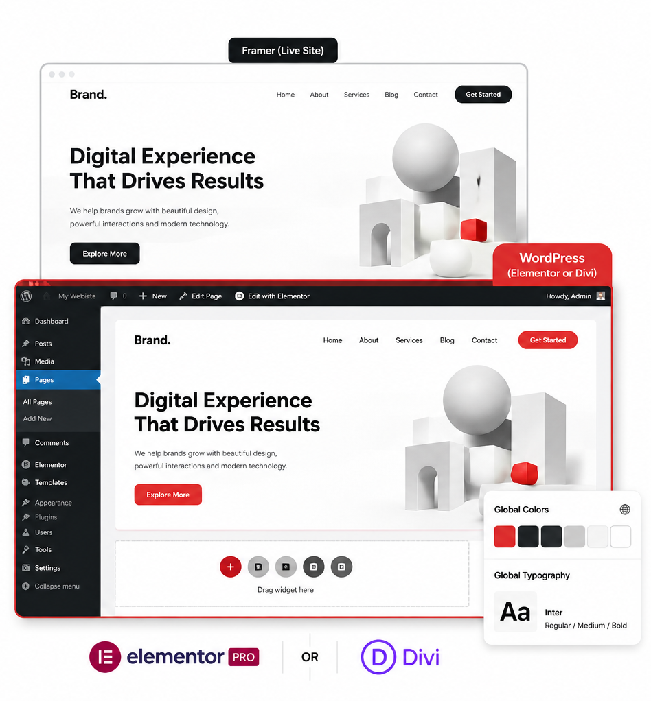 Framer site elements including CMS content, style variables, and Smart Components migrated to WordPress with Elementor and global design kit